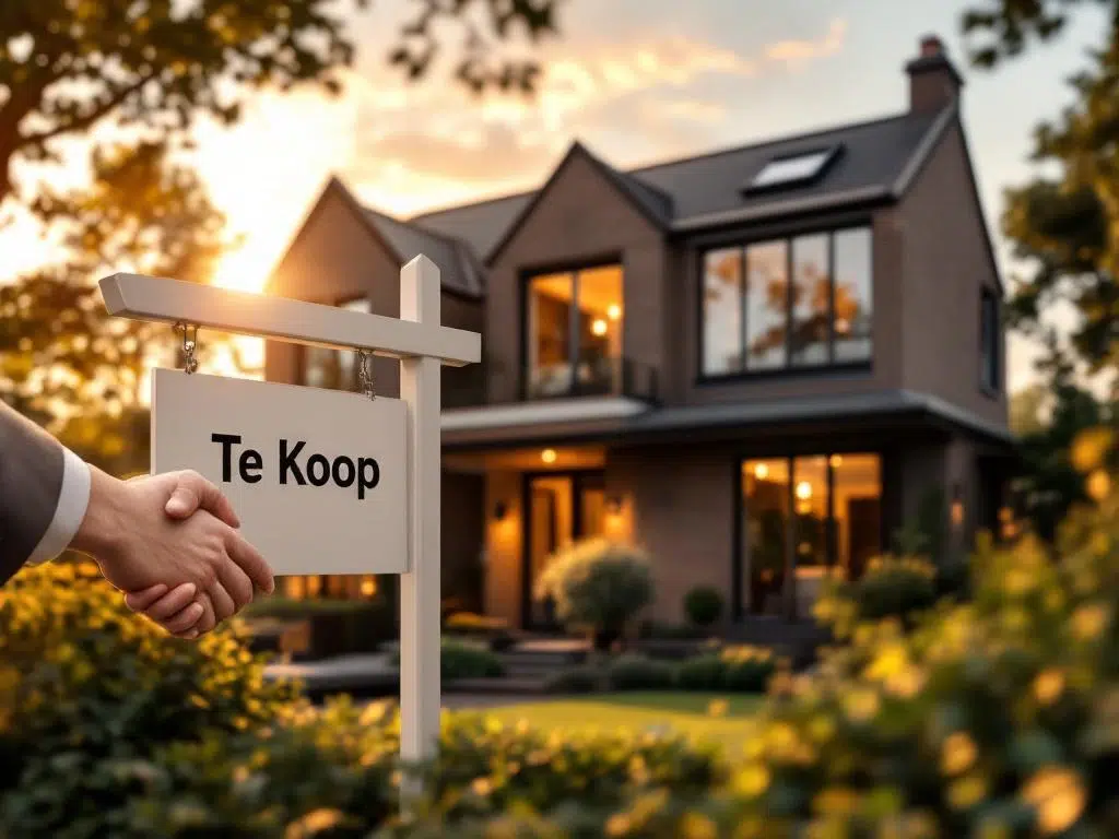 Elegant Amsterdam-stijl woning met Te Koop bord, warme verlichting en professionele handdruk silhouet