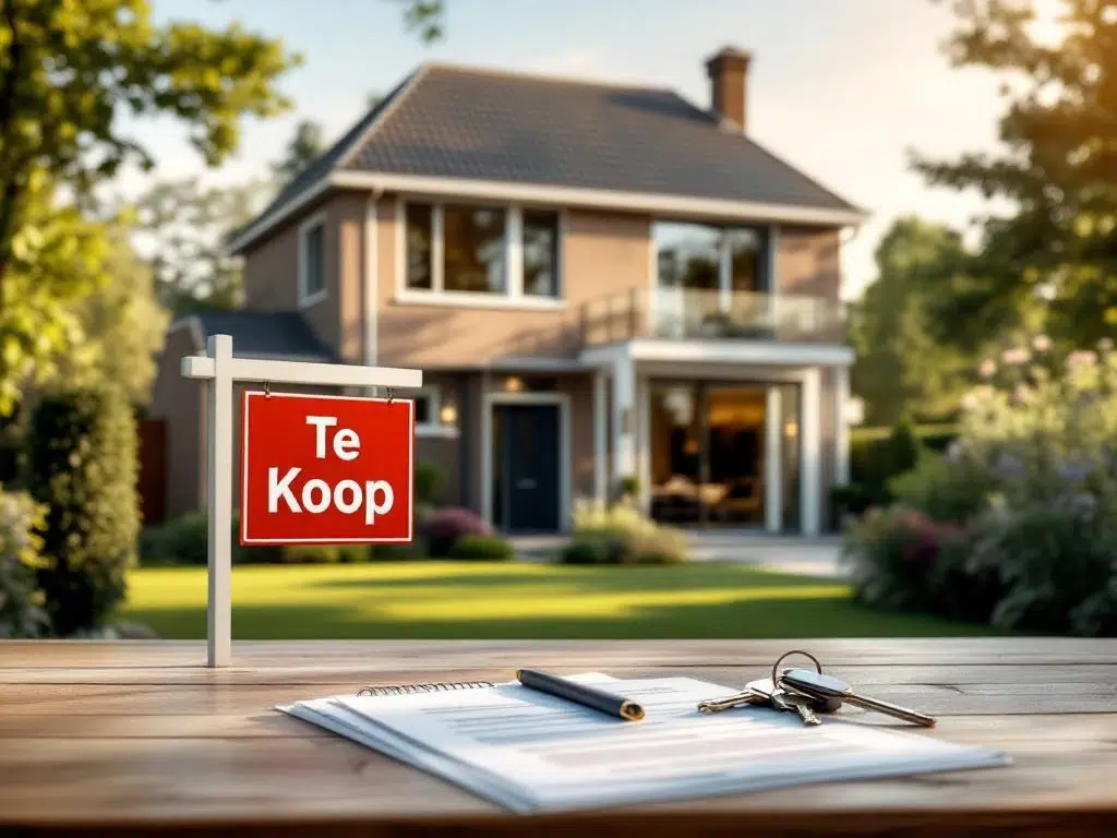 Modern Nederlands huis met Te Koop bord, huissleutels en documenten op tafel, directe verkoop zonder makelaar
