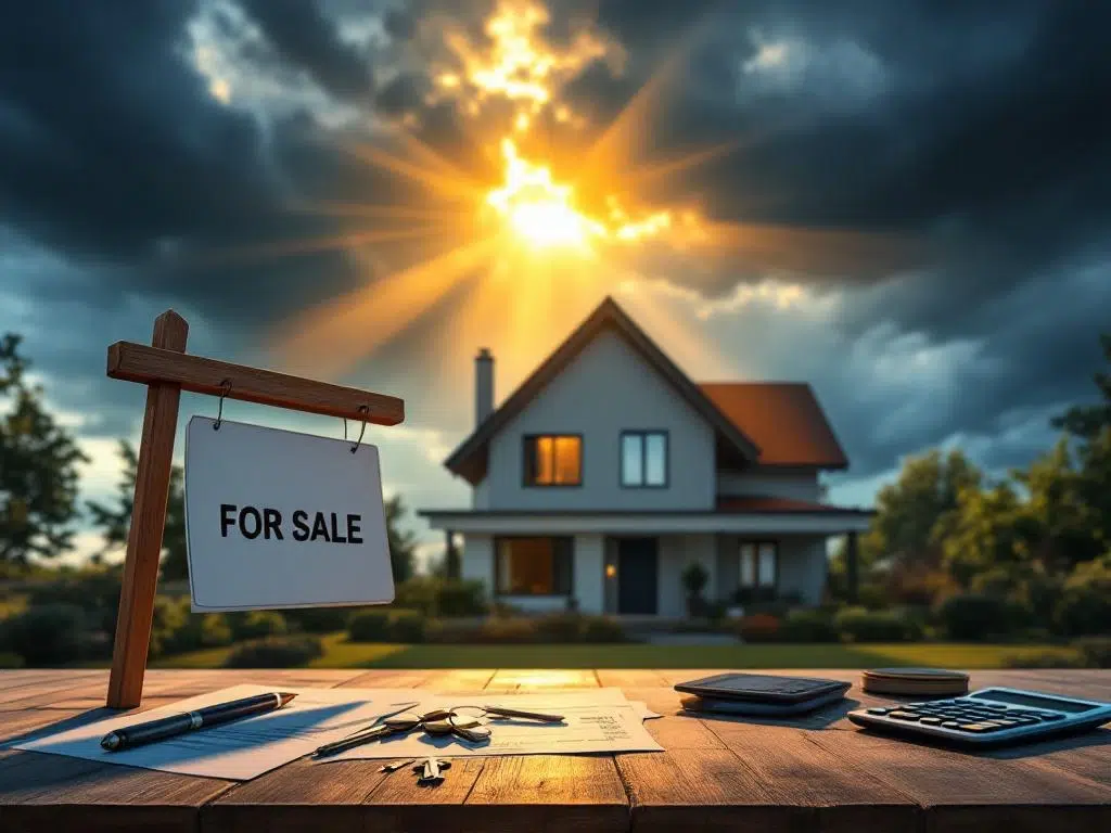 Huis te koop met schuin bord, verweerde staat, donkere wolken boven, zonnestraal verlicht eigendom, documenten op tafel