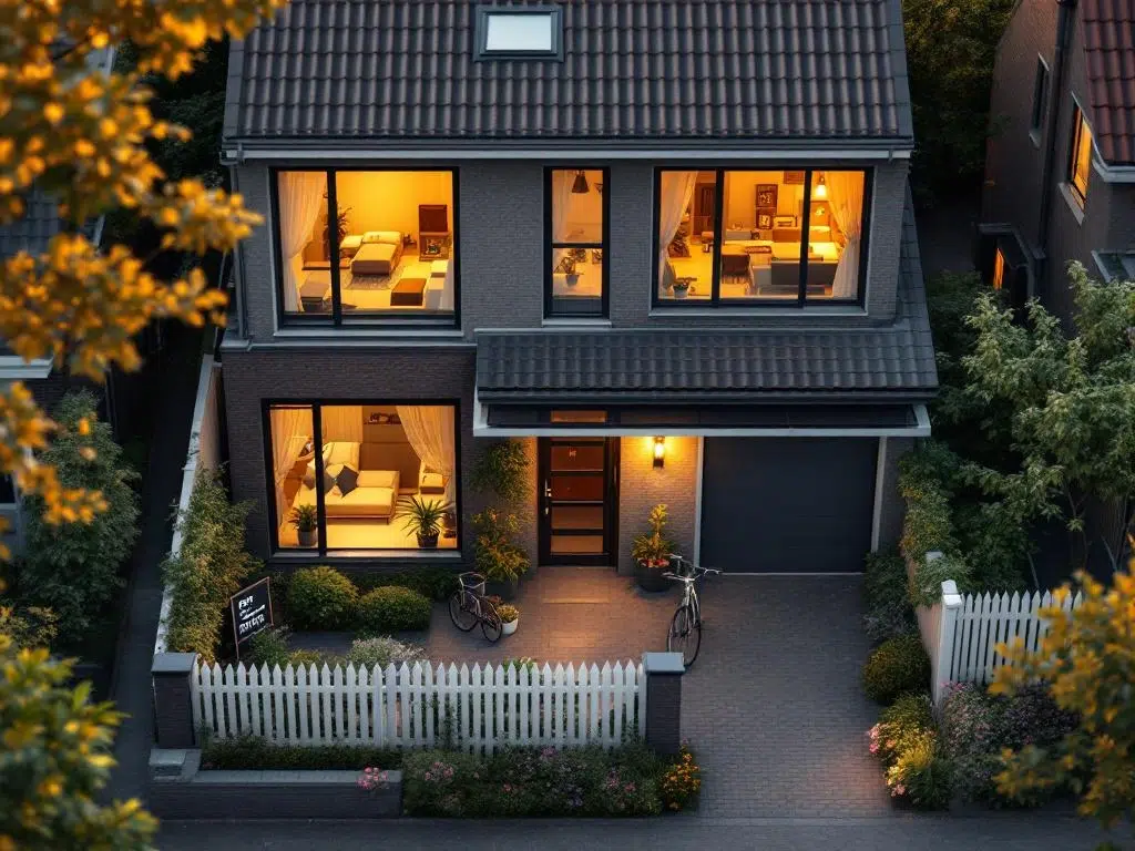 Modern Nederlands huis met "Te Koop" bord in voortuin, typische architectuur, fiets geparkeerd, gouden uur verlichting