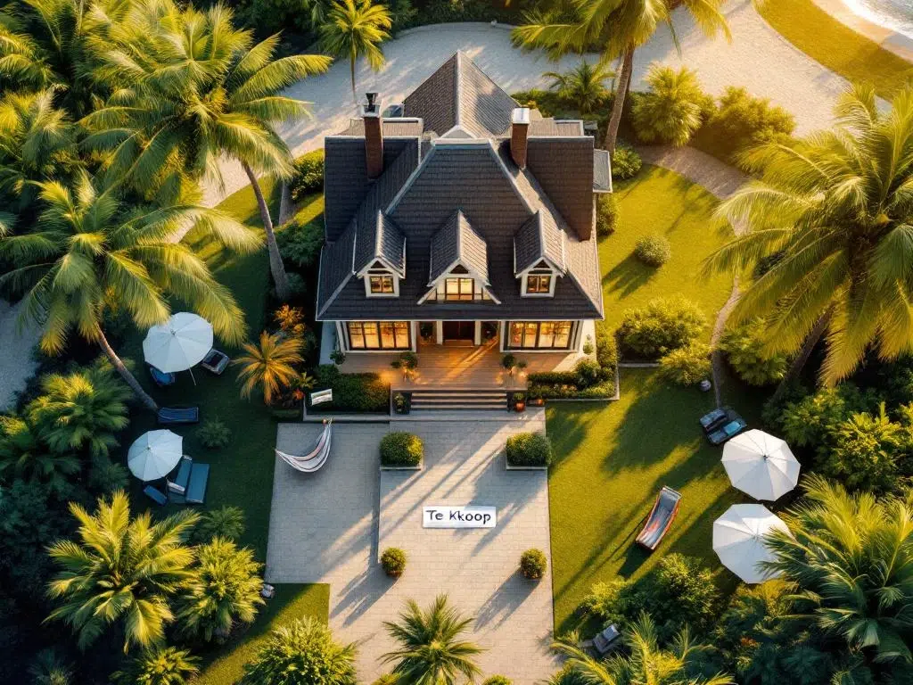 Nederlands huis te koop met prominent "Te Koop" bord, omringd door palmbomen en strandparasols in gouden uurtje licht