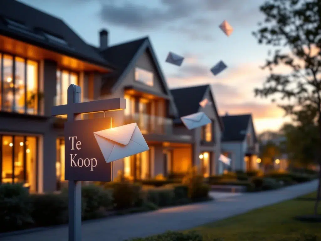 Moderne Nederlandse woning met "Te Koop" bord en zwevende biedenveloppen in luchtfoto van woonwijk bij avondlicht