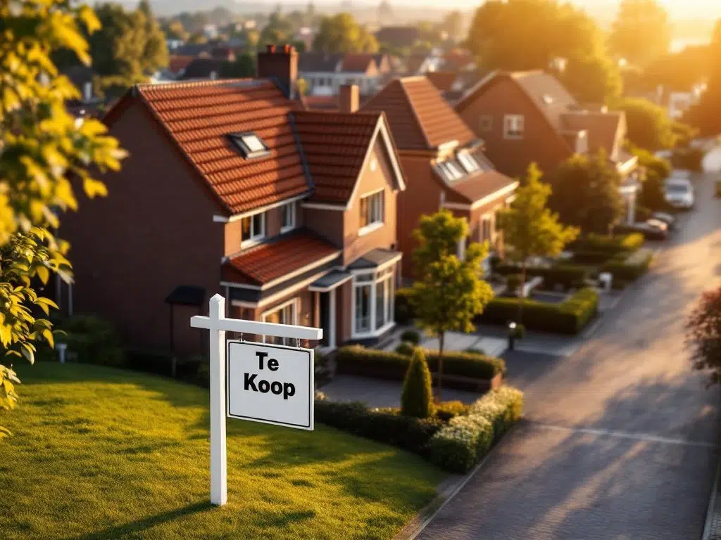 Te Koop bord voor moderne Nederlandse woning met rode dakpannen in elegante woonwijk tijdens gouden uur