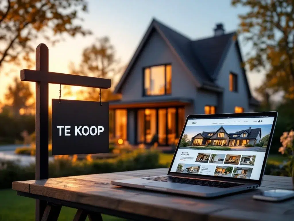 Modern Nederlands huis met "TE KOOP" bord en laptop met makelaar website tijdens gouden uurtje