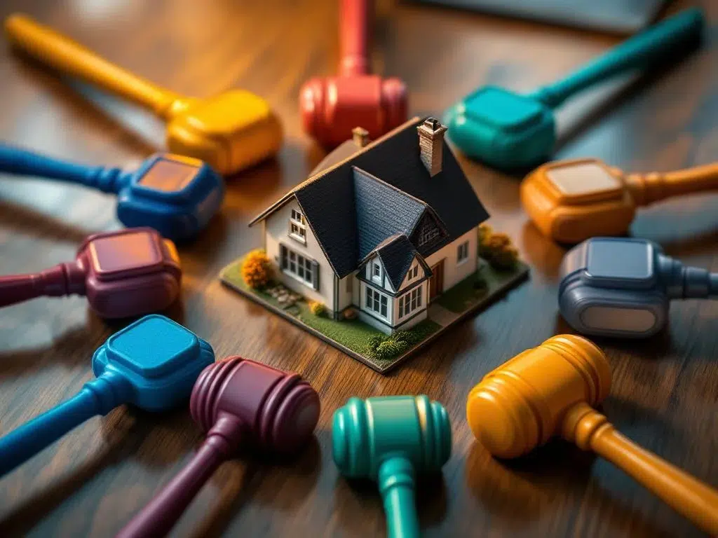 Miniatuur huismodel omringd door kleurrijke veilinghamers op houten tafel, vastgoed veiling concept