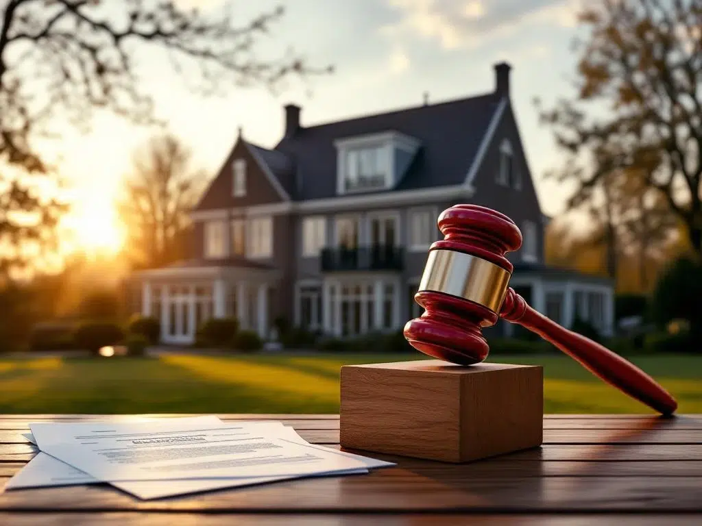 Veiling hamer slaat op blok voor elegant Nederlands huis met klassieke Amsterdamse architectuur tijdens gouden uur