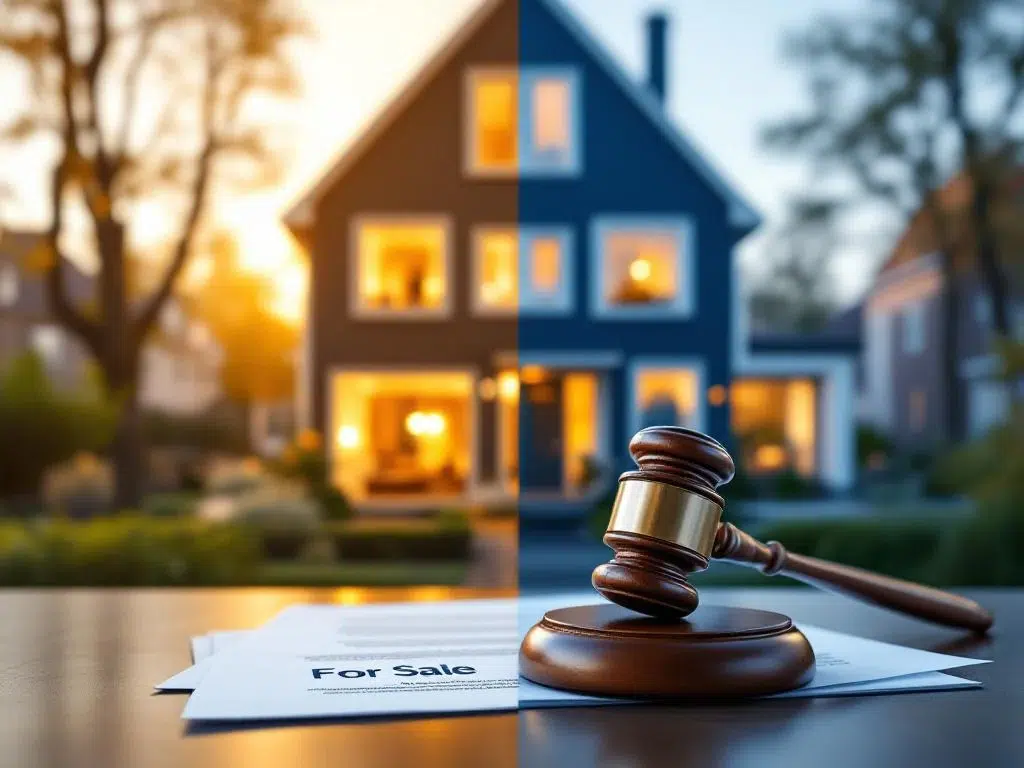 Nederlandse woning gesplitst in tweeën met warme en koude verlichting, houten hamer op documenten, Amsterdam achtergrond