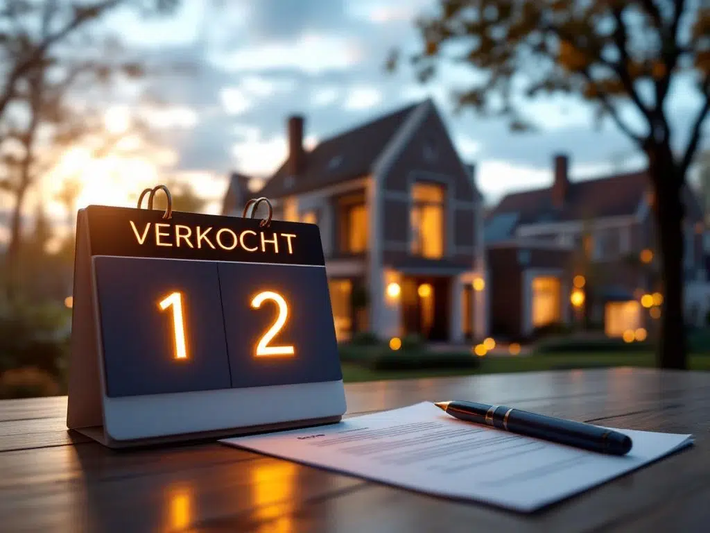Modern Amsterdam huis met VERKOCHT bord, contract en pen op tafel, 3-daagse kalender met gouden verlichting