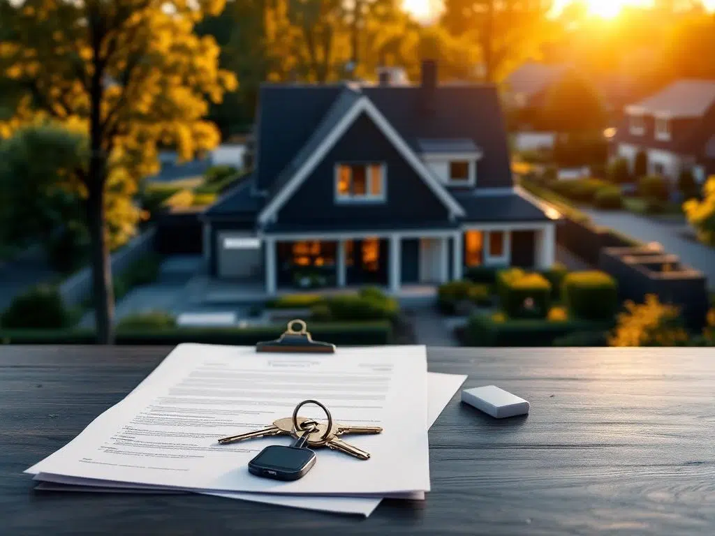 Hypotheekdocumenten en huissleutels op bureau met verkocht Nederlands huis op achtergrond