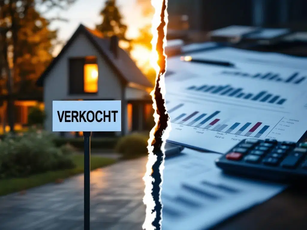Modern Nederlands huis met VERKOCHT bord naast financiële documenten en dalende grafieken op donker houten bureau