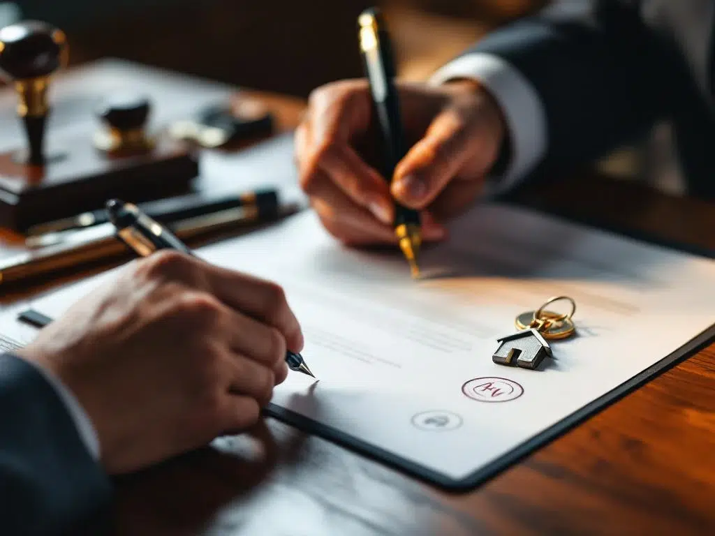 Handen ondertekenen juridische documenten met vulpen op houten bureau, huissleutels en notarisstempels op achtergrond