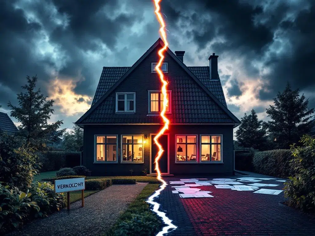 Huis met VERKOCHT bord versus hetzelfde huis met waarschuwingssymbolen en stormwolken, gescheiden door barst