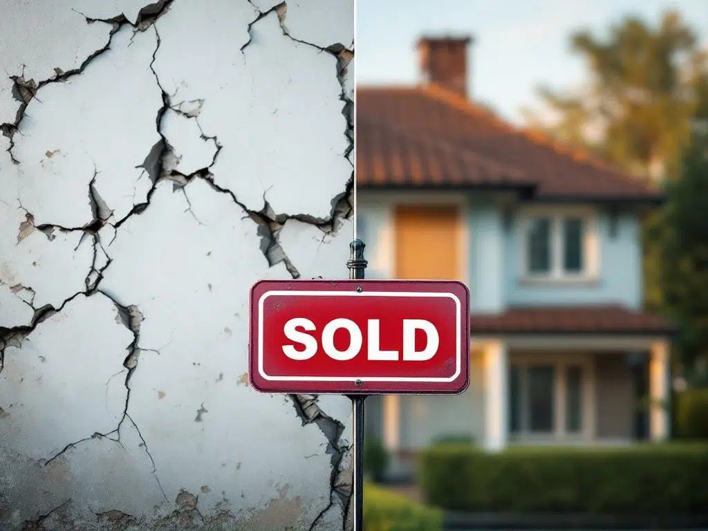 Huis met SOLD-bord toont voor-na vergelijking: beschadigde gevel links, gerenoveerde staat rechts