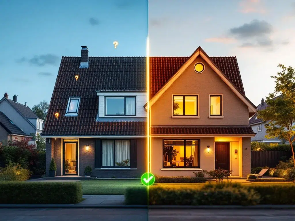 Twee identieke Nederlandse huizen: links met slijtage en vraagtekens, rechts in perfecte staat met warm licht en vinkje