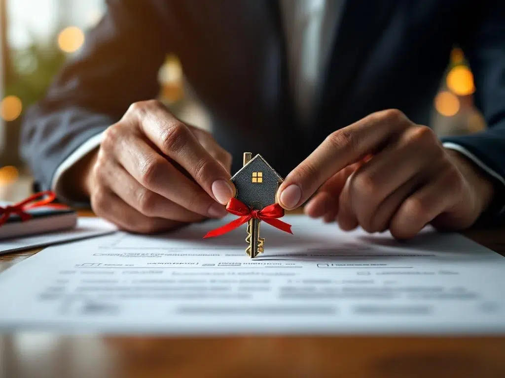 Handen houden huisvormige sleutel met rood lint boven getekende documenten op houten bureau, Nederlandse woning op achtergrond