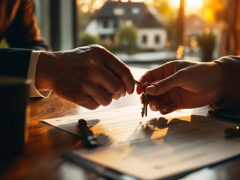 Handen die huissleutels uitwisselen boven eigendomsdocumenten op houten bureau met Nederlands huis op achtergrond
