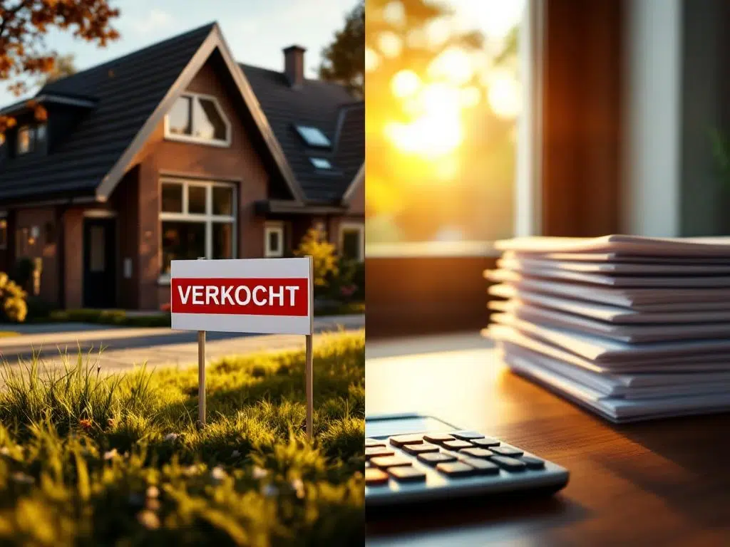 Modern Nederlands huis met VERKOCHT bord naast hypotheekdocumenten en rekenmachine op houten bureau in gouden zonlicht
