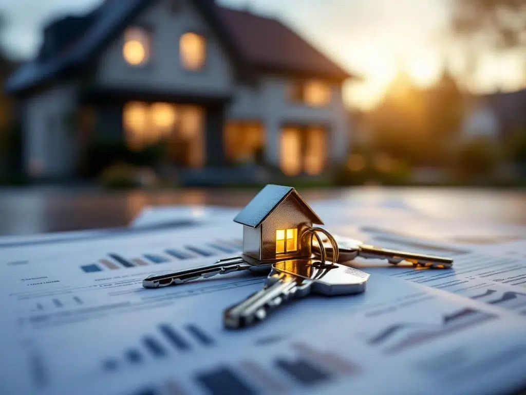 Huissleutels met huisvormige sleutelhanger op hypotheekdocumenten, Nederlandse woning op achtergrond, gouden uurtje