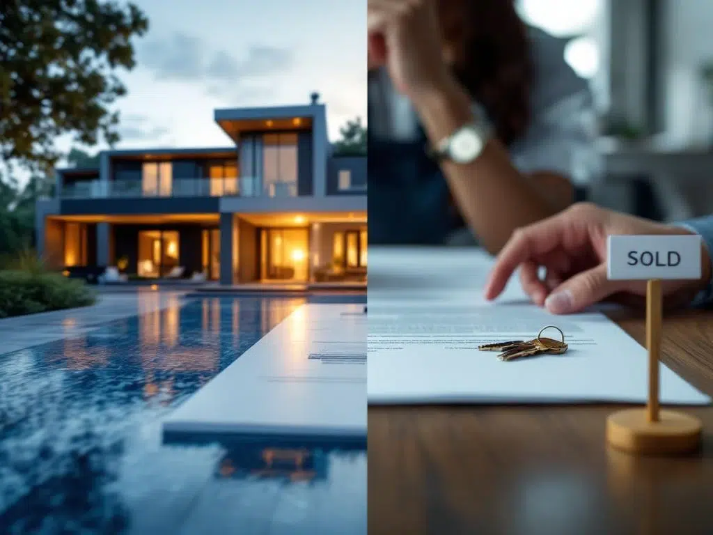 Luxe modern huis en makelaar die documenten en sleutels presenteert op bureau met SOLD-bordje, succesvolle verkoop