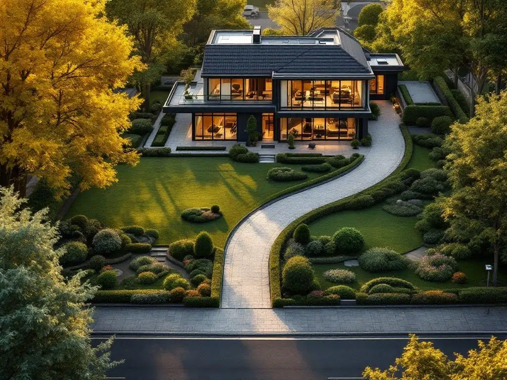 Luchtfoto van luxe Nederlands huis met tuinpad dat eigendomsgrens doorsnijdt, gouden uurtje verlichting