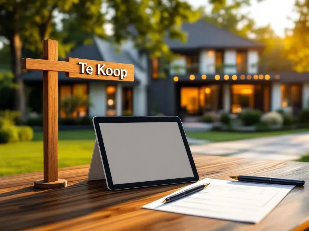 Moderne luxe woning met Te Koop bord op gazon, tablet met woningadvertentie op voorgrond, gouden uur verlichting