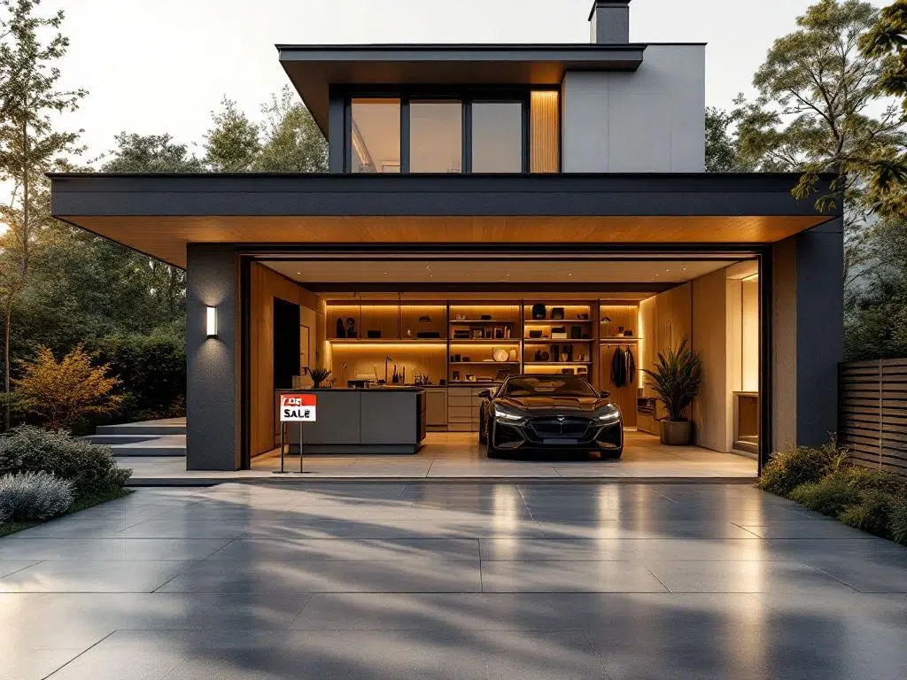 Moderne Nederlandse woning te koop met open garage, gepolijste vloeren en eigentijdse architectuur in gouden uurtje