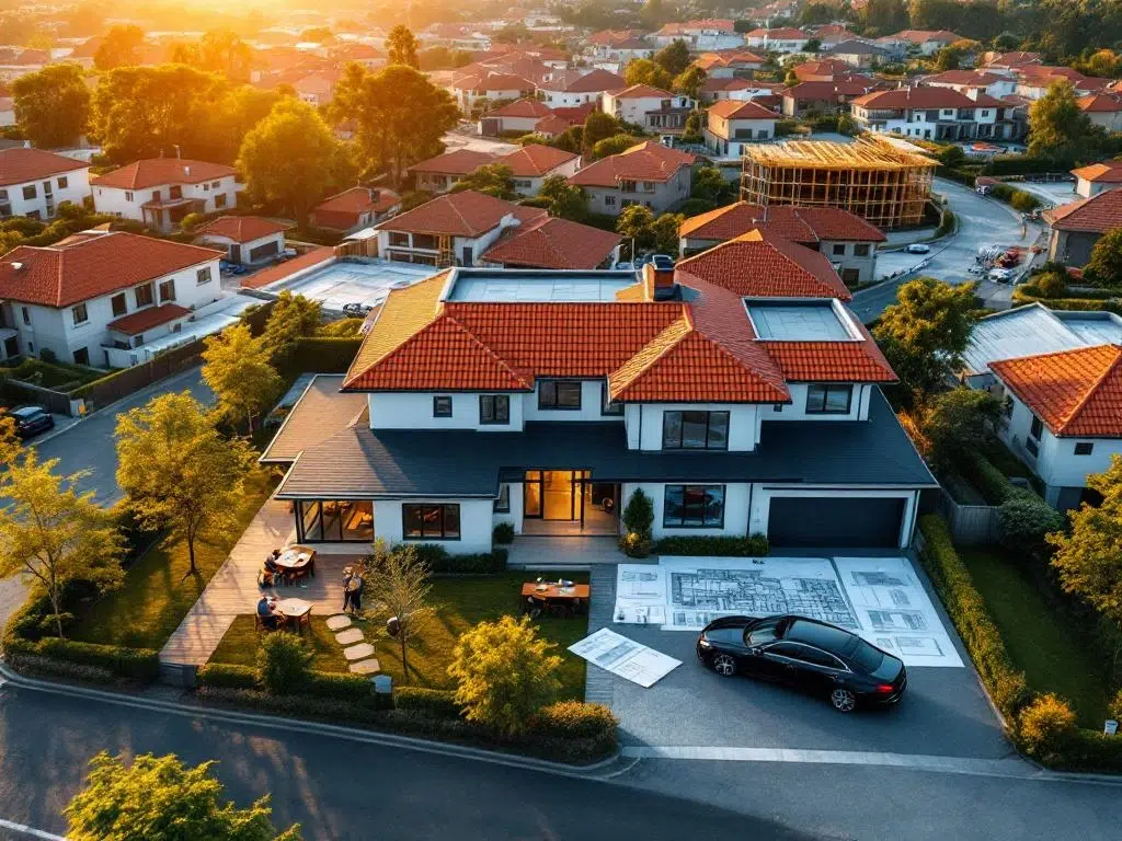 Luchtfoto van moderne woonwijk met huis in voorgrond, bouwplannen op tafel en constructieapparatuur tijdens gouden uur