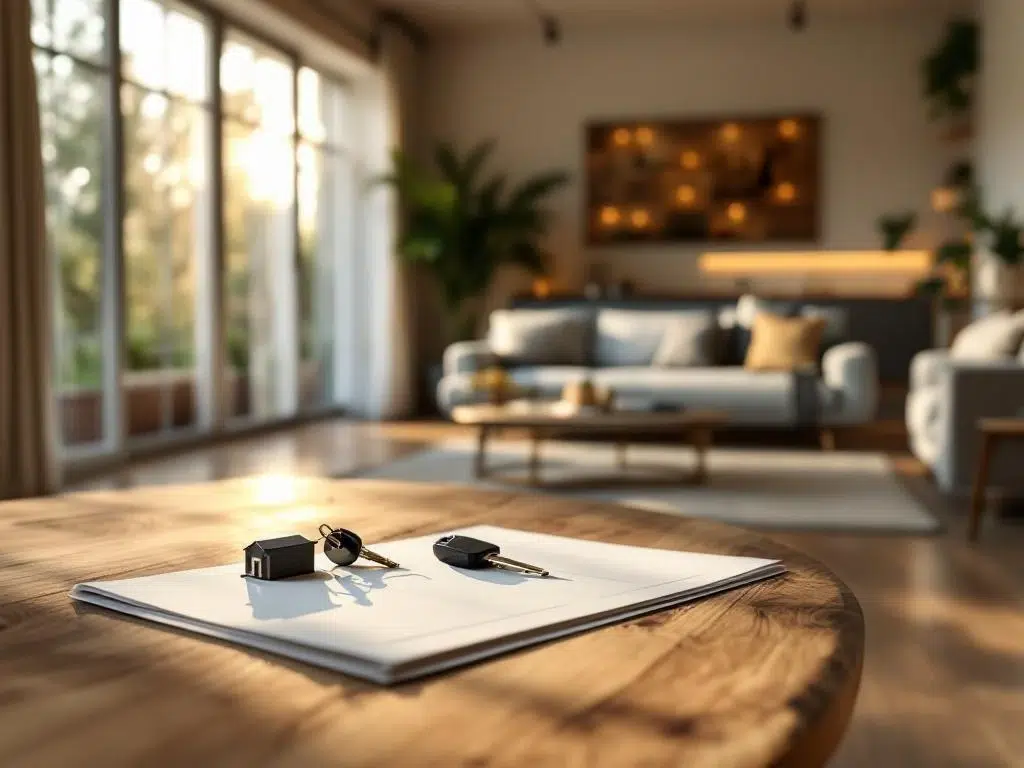 Elegante Nederlandse woonkamer tijdens bezichtiging met huissleutels op tafel en moderne inrichting in natuurlijk licht