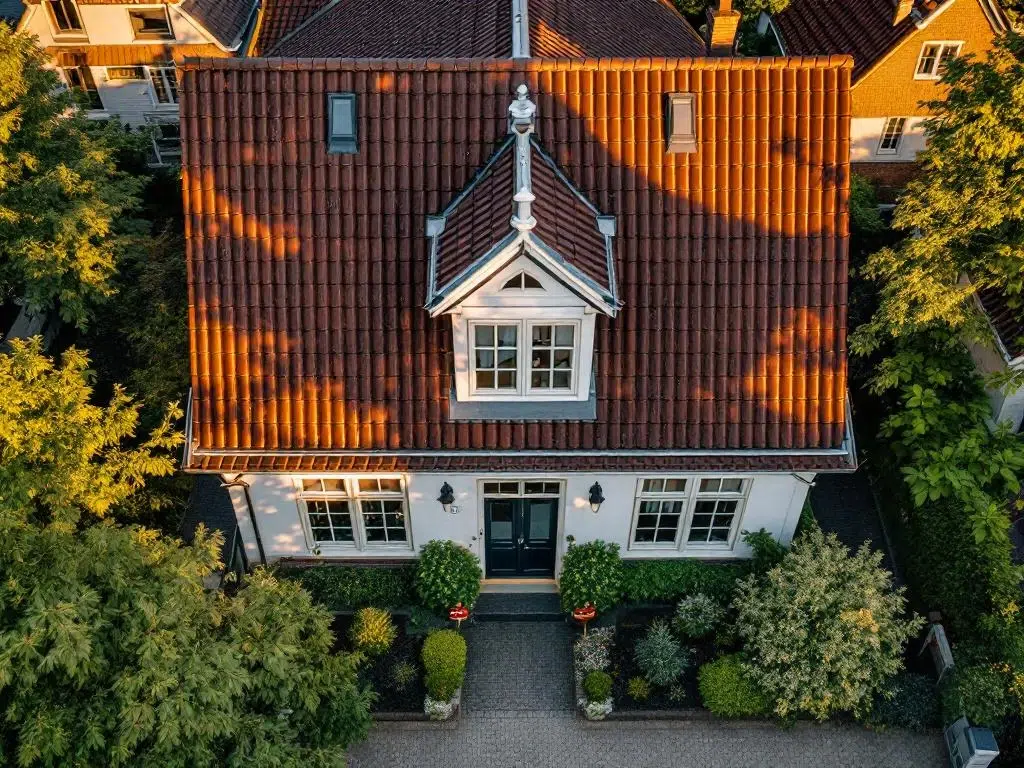 Luchtfoto van verkocht Nederlands huis met dakkapel, rode dakpannen en gouden uurtje verlichting
