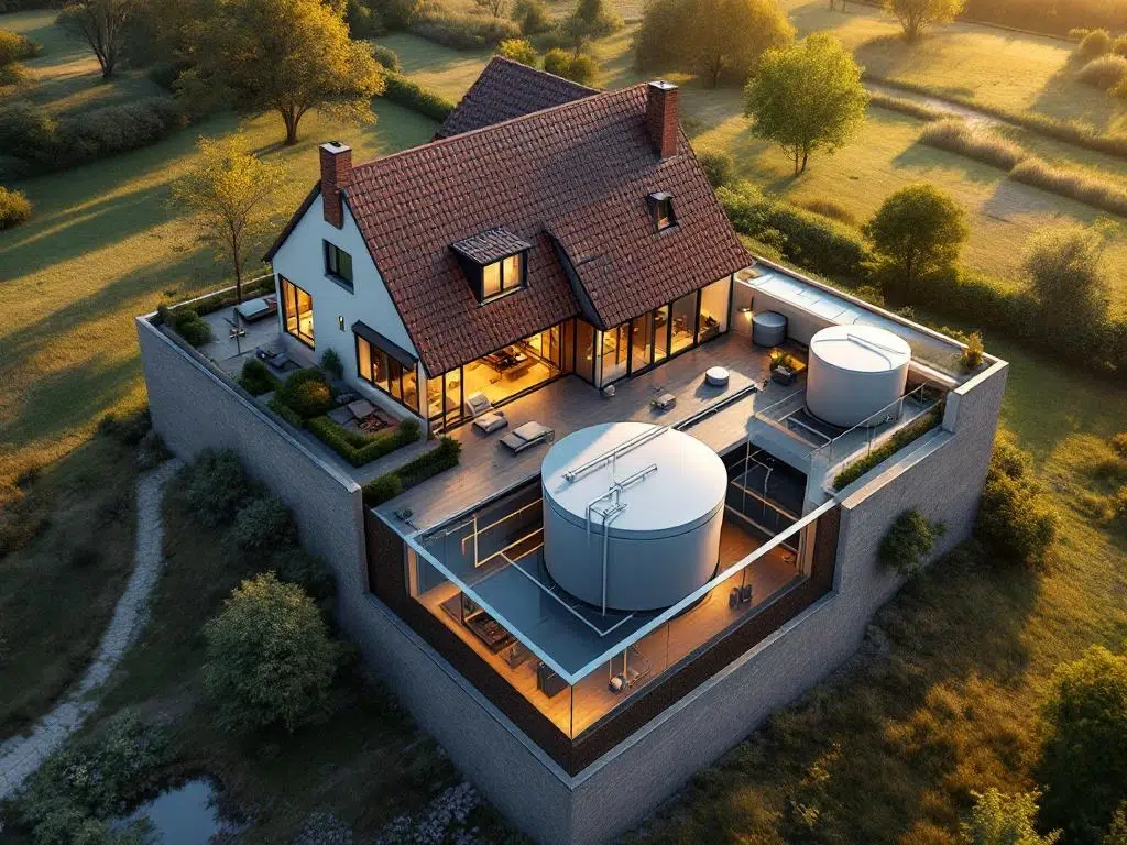 Luchtfoto doorsnede van Nederlands huis met ondergrondse olietank, bakstenen gevel en pannendak bij zonsondergang