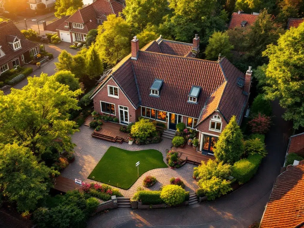 Luchtfoto van traditioneel Nederlands huis met rode bakstenen, tuin en te koop bord in gouden avondlicht
