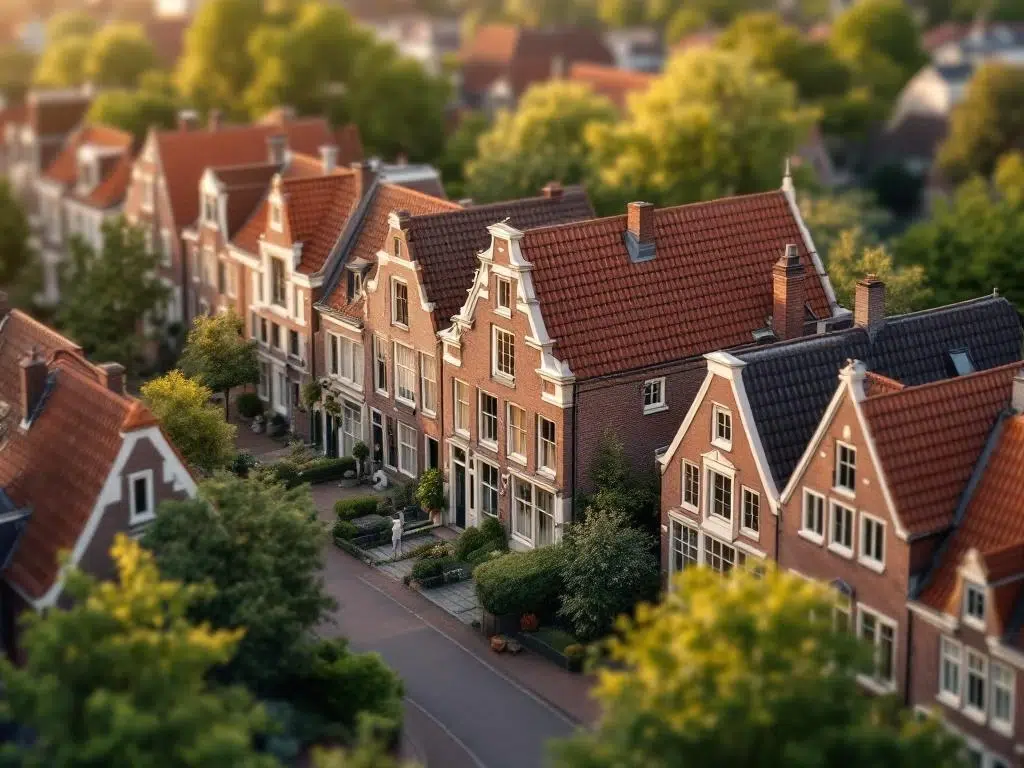 Luchtfoto van traditionele Nederlandse bakstenen huizen met rode pannendaken en witte kozijnen in Amsterdam-stijl