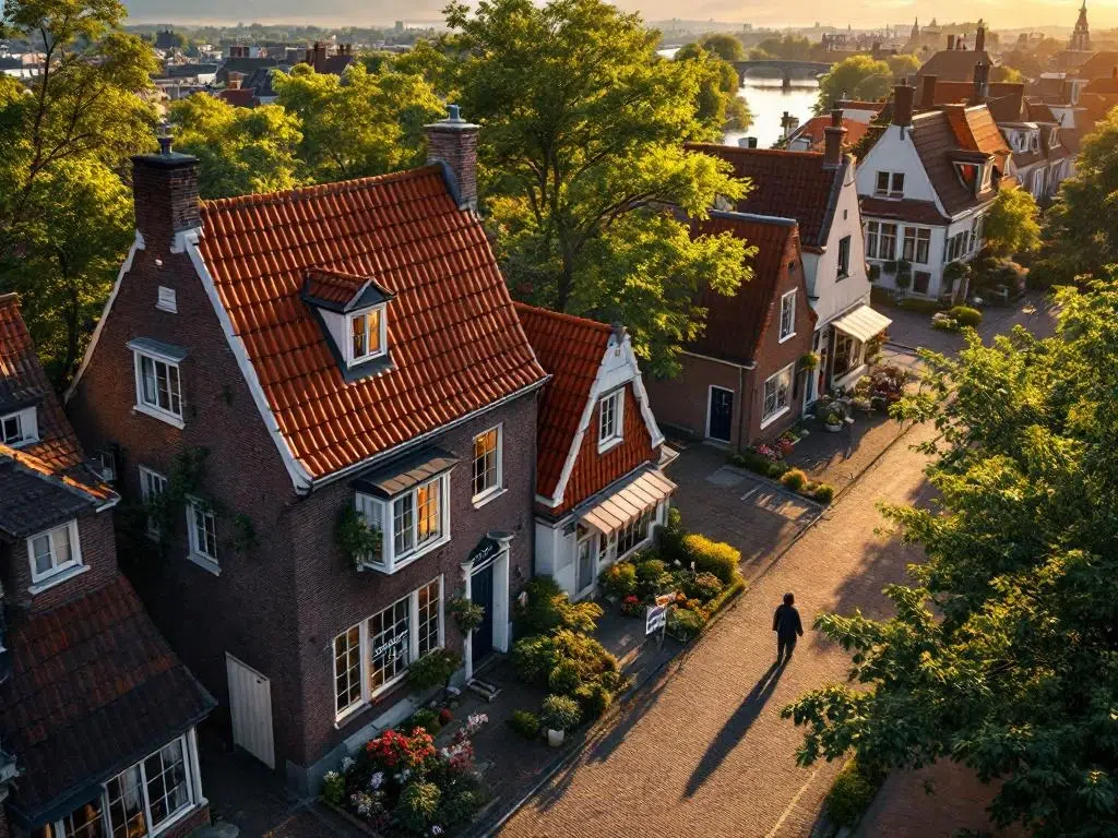 Luchtfoto van Nederlandse woonwijk met traditionele huizen, rode pannendaken en cobblestone straten tijdens gouden uur