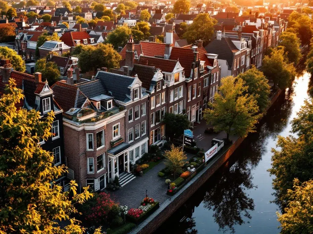 Luchtfoto van Nederlandse woonwijk met bakstenen huizen, rode daken en grachten tijdens gouden uur, huis te koop op voorgrond
