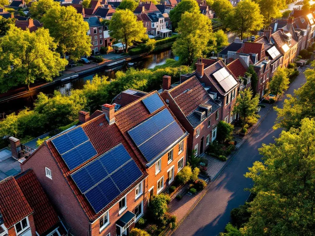 Luchtfoto Nederlandse woonwijk met traditionele bakstenen huizen met rode dakpannen en blauwe zonnepanelen bij zonsondergang