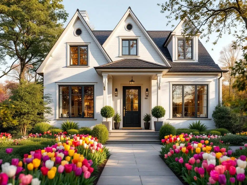 Nederlandse woning met witte gevel, donkere kozijnen, kleurrijke tulpentuin en moderne voordeur bij zonsondergang