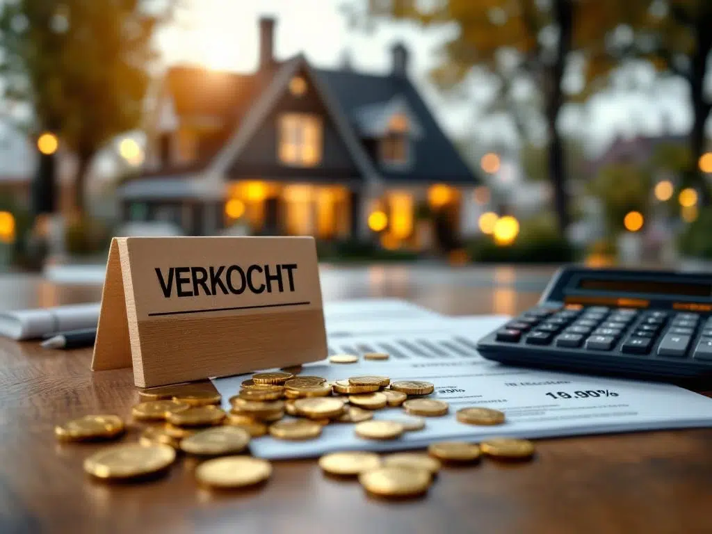 Verkocht huis met belastingdocumenten, gouden munten en calculator op houten bureau voor overdrachtsbelasting