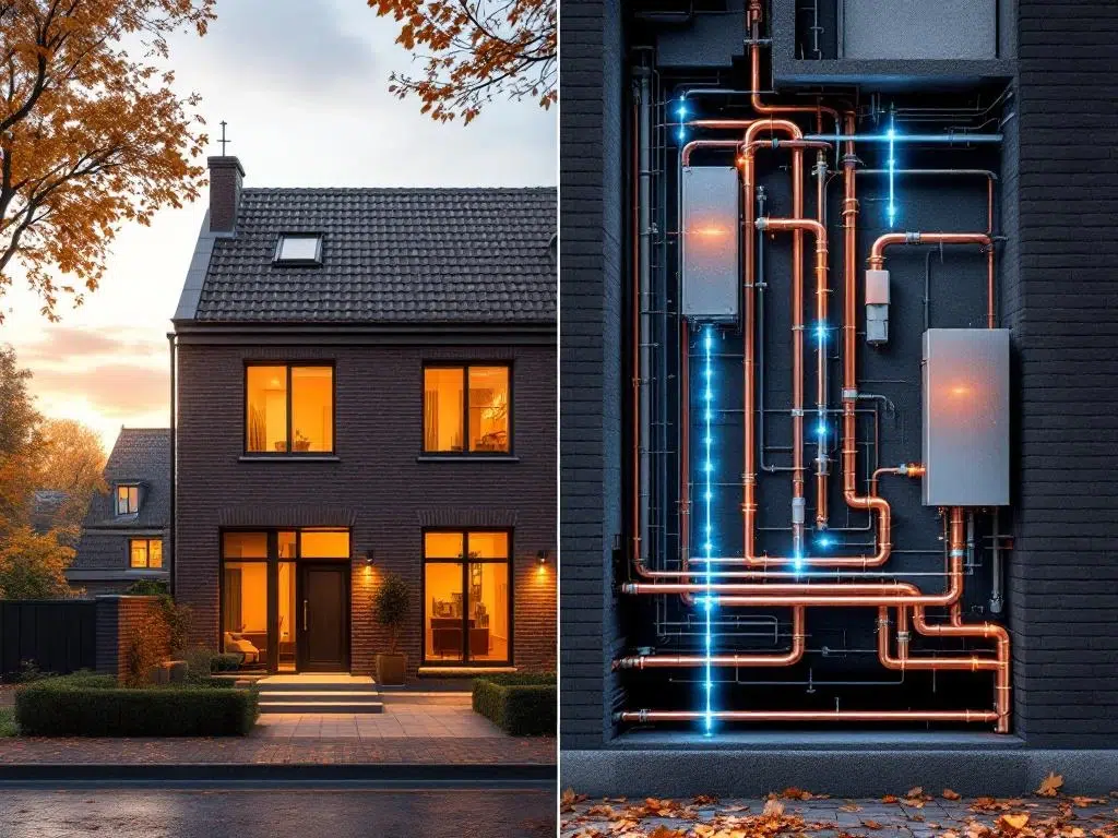 Nederlandse rijtjeswoning met zichtbare stadsverwarming leidingen en doorsnede van verwarmingsinfrastructuur