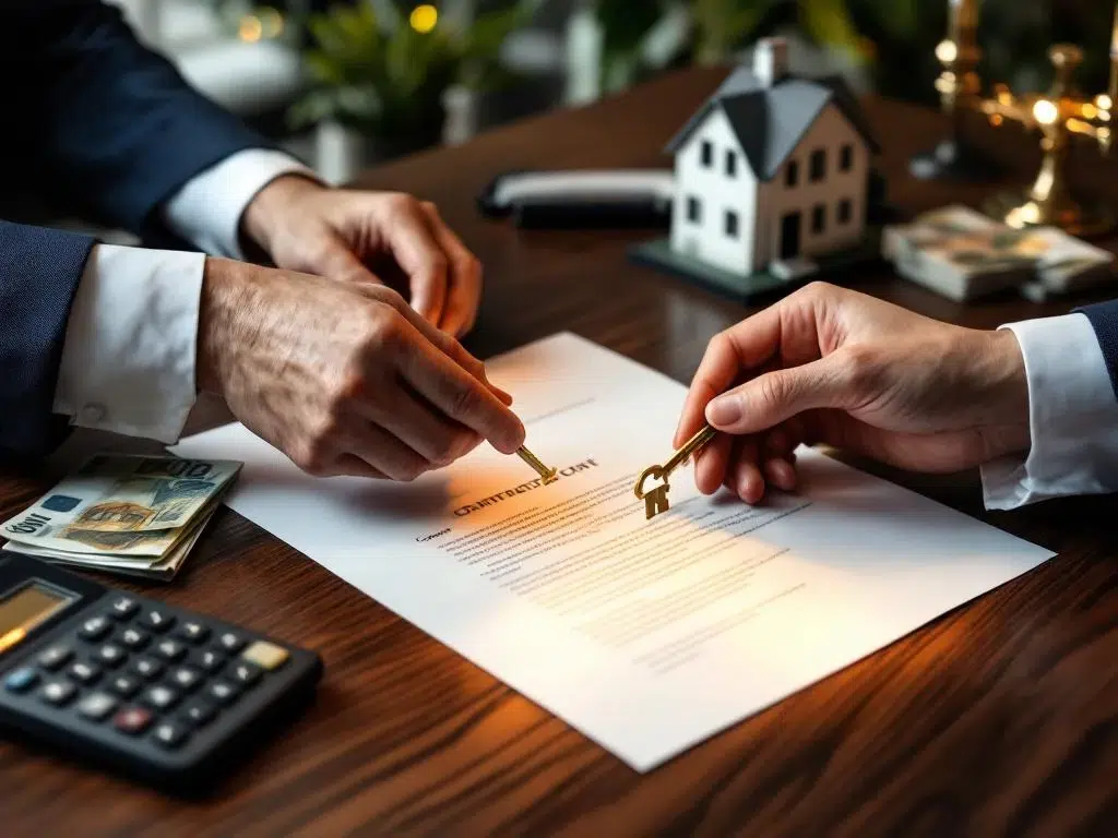 Handen die gouden huissleutel uitwisselen boven contract met euro bankbiljetten en rekenmachine op bureau