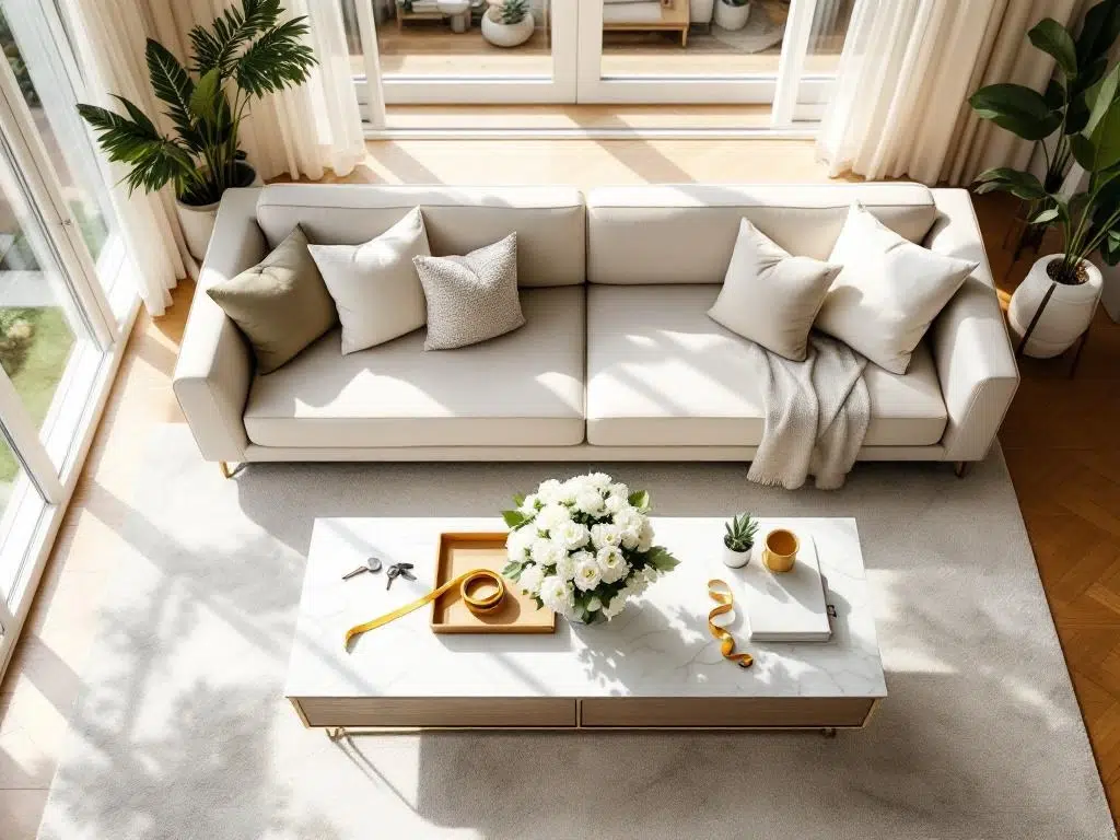 Moderne woonkamer met gestileerde salontafel, neutrale bank en "Te Koop" bord voor vastgoedverkoop