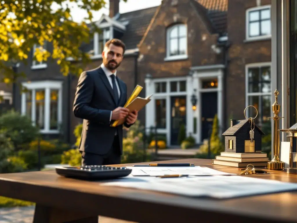 Professionele taxateur met klembord voor klassiek Amsterdam huis, bureau met taxatiedocumenten en huissleutels