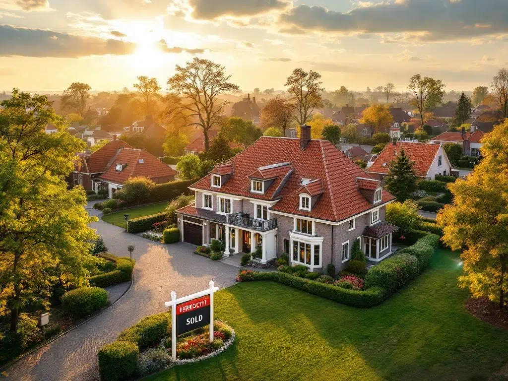 Luchtfoto van Nederlandse wijk met verkocht huis tijdens gouden uur, rode pannendaken en verzorgde tuinen zichtbaar