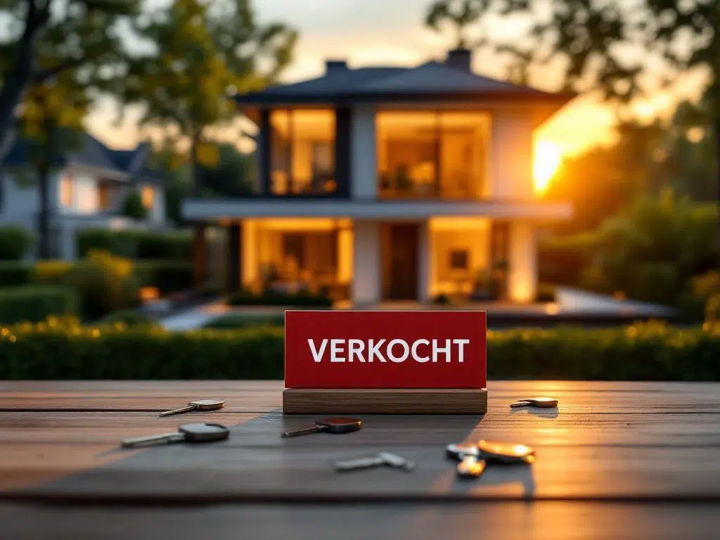 Moderne woning met rode VERKOCHT bord in voortuin, huissleutels op voorgrond, luchtfoto bij gouden uurtje