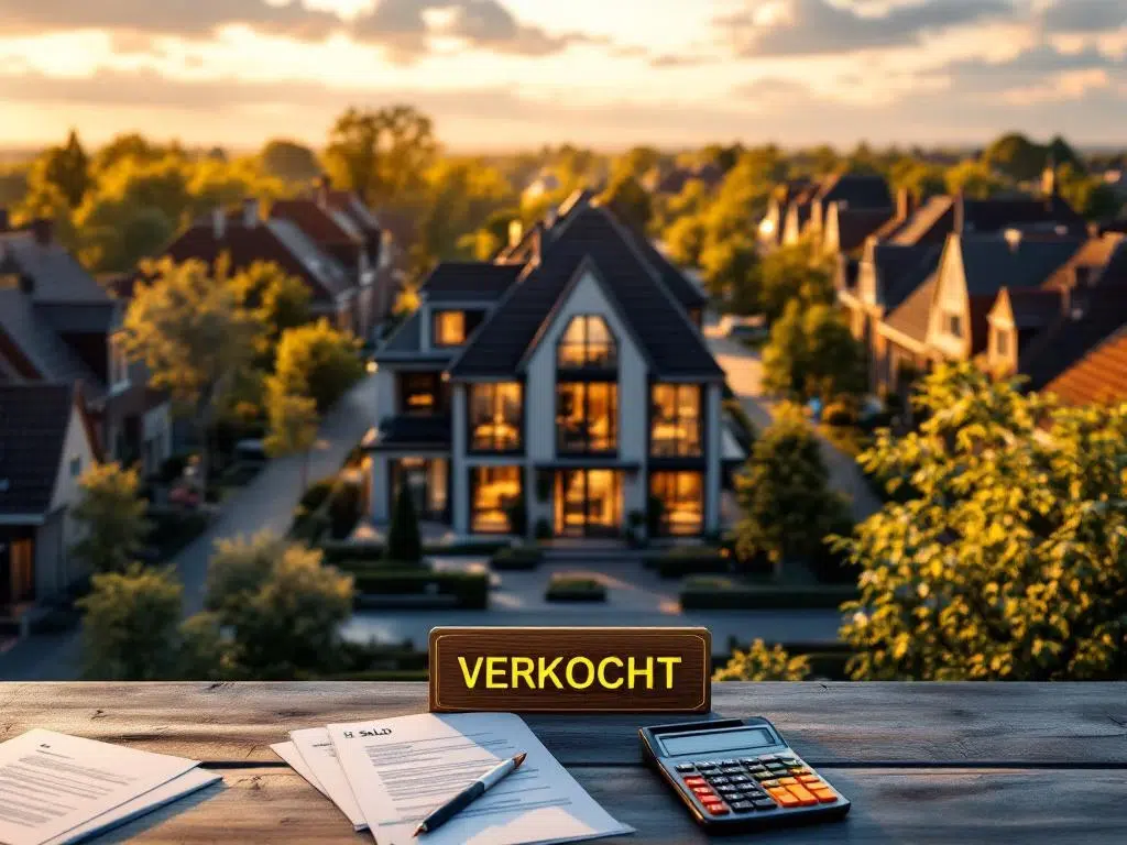 Luchtfoto van Nederlandse woonstraat met VERKOCHT bord bij modern huis tijdens gouden uur, makelaarsdocumenten zichtbaar