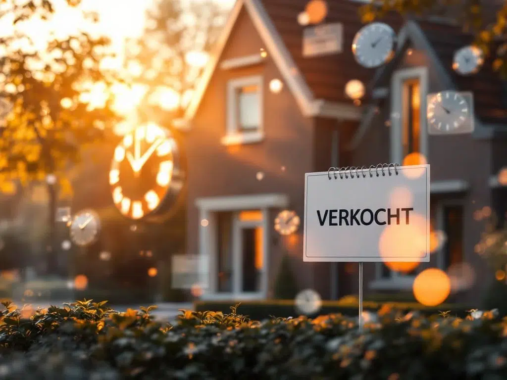 Nederlandse woning met VERKOCHT bord omringd door zwevende klokken en kalenderbladen in warm gouden licht