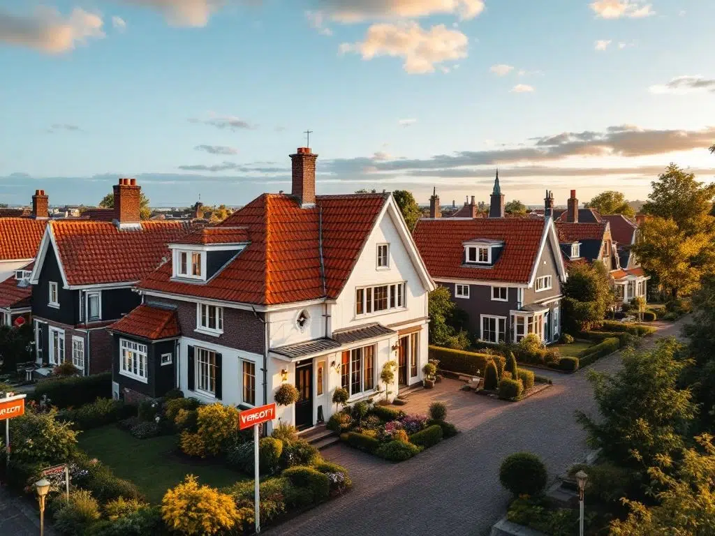 Luchtfoto van Nederlandse woonwijk met traditionele huizen met rode daken en wit huis met VERKOCHT bord in voortuin