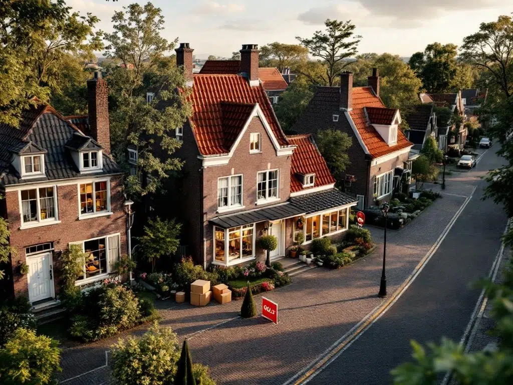 Verkocht huis in Nederlandse woonwijk met traditionele bakstenen huizen, rode pannendaken en kasseienstraten
