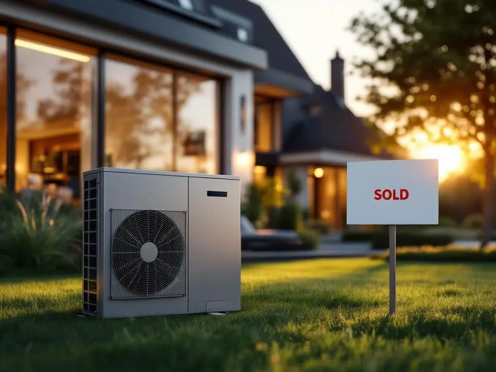 Moderne Nederlandse woning met zilveren warmtepomp in voortuin, SOLD-bord zichtbaar, gouden uurtje verlichting