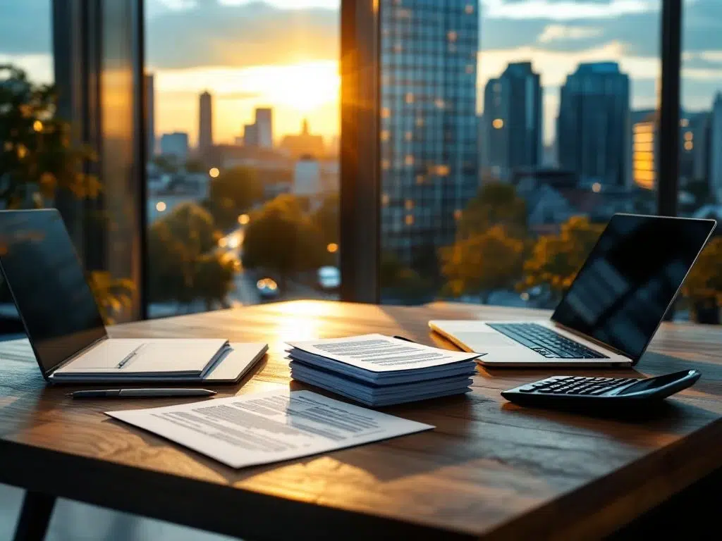 Professioneel bureau met documenten, laptop en calculator voor glazen kantoorgebouw in Amstelveen