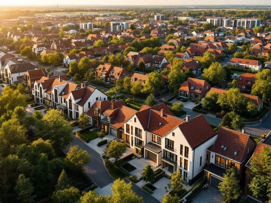 Luchtfoto van moderne woonwijken in Amstelveen met eigentijdse huizen en appartementen tijdens gouden uur